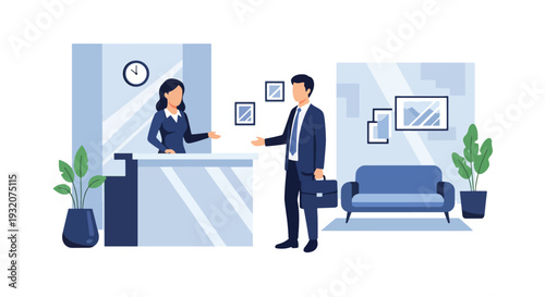 Modern flat vector illustration of receptionist welcoming visitor at office front desk representing corporate service, hospitality and professional business environment