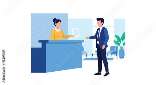 Modern flat vector illustration of receptionist welcoming visitor at office front desk representing corporate service, hospitality and professional business environment