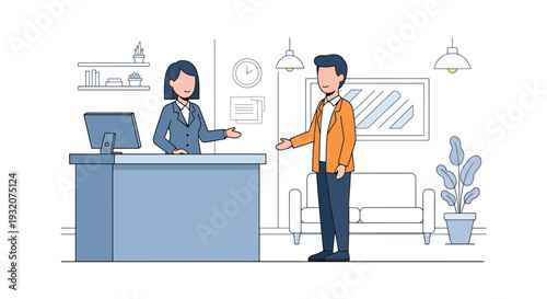 Modern flat vector illustration of receptionist welcoming visitor at office front desk representing corporate service, hospitality and professional business environment