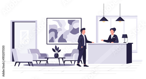 Modern flat vector illustration of receptionist welcoming visitor at office front desk representing corporate service, hospitality and professional business environment