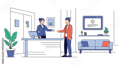 Modern flat vector illustration of receptionist welcoming visitor at office front desk representing corporate service, hospitality and professional business environment