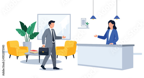 Modern flat vector illustration of receptionist welcoming visitor at office front desk representing corporate service, hospitality and professional business environment