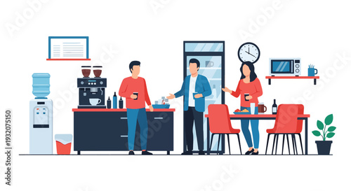 Modern flat vector illustration of employees chatting at office coffee station during break representing workplace lifestyle, relaxation and friendly team culture