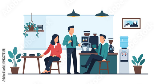 Modern flat vector illustration of employees chatting at office coffee station during break representing workplace lifestyle, relaxation and friendly team culture