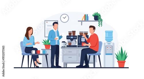 Modern flat vector illustration of employees chatting at office coffee station during break representing workplace lifestyle, relaxation and friendly team culture