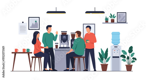 Modern flat vector illustration of employees chatting at office coffee station during break representing workplace lifestyle, relaxation and friendly team culture