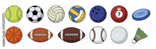 Various Sports Balls and Athletic Equipment Vector Icon Set Isolated on White Background for Recreational Games Physical Activity and Competition Graphic Design
