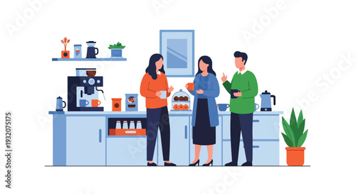 Modern flat vector illustration of employees chatting at office coffee station during break representing workplace lifestyle, relaxation and friendly team culture