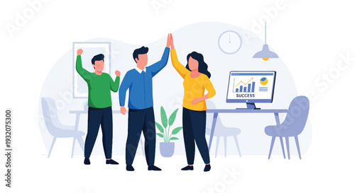 Modern flat vector illustration of office team celebrating successful project with high five representing teamwork achievement, motivation and positive workplace culture