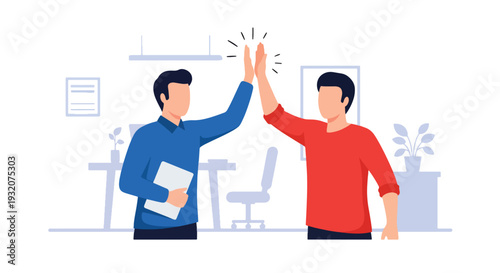 Modern flat vector illustration of office team celebrating successful project with high five representing teamwork achievement, motivation and positive workplace culture