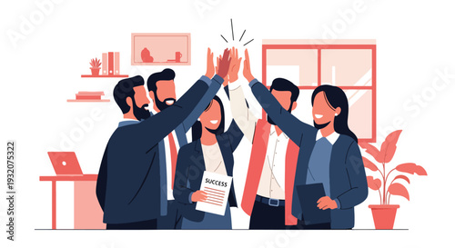 Modern flat vector illustration of office team celebrating successful project with high five representing teamwork achievement, motivation and positive workplace culture