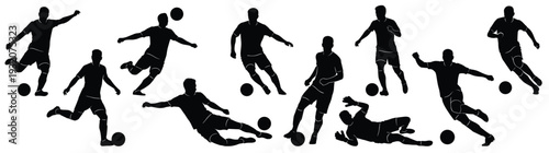 Professional Soccer Player Silhouettes Vector Collection Isolated on White Background Featuring Athletes Kicking Dribbling and Goalkeeper Actions for Sports Competition Design