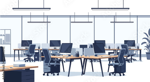 Modern flat vector illustration of minimal office interior with desks, computers and chairs representing clean corporate workspace and modern business environment