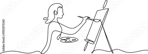 One continuous line drawing of an artist is painting on a canvas vector illustration. Art themes design vector in simple linear concept. one line Icon drawing
