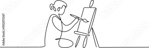One continuous line drawing of an artist is painting on a canvas vector illustration. Art themes design vector in simple linear concept. one line Icon drawing