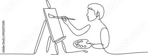One continuous line drawing of an artist is painting on a canvas vector illustration. Art themes design vector in simple linear concept. one line Icon drawing