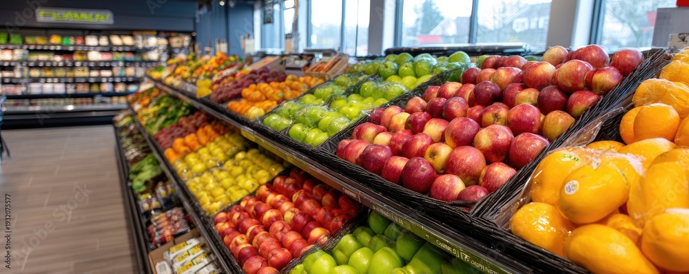 Obraz premium Abundant fresh fruits displayed in a supermarket produce aisle, showcasing variety and color.