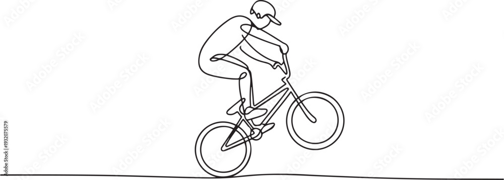 Fototapeta premium One continuous line drawing of Cycling freestyle BMX vector illustration. Cycling freestyle BMX design in simple linear continuous style vector concept. one line Icon drawing