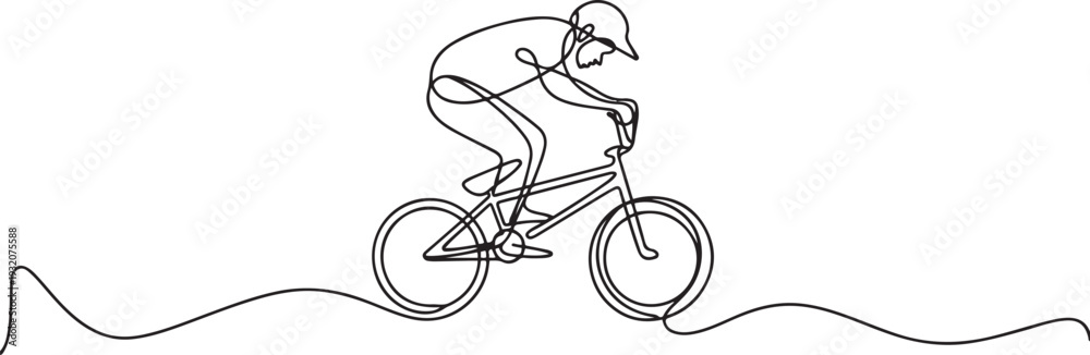 Fototapeta premium One continuous line drawing of Cycling freestyle BMX vector illustration. Cycling freestyle BMX design in simple linear continuous style vector concept. one line Icon drawing