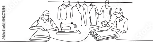 One continuous line drawing of clothing factory working activity with white background. clothing factory working activity design in simple linear style. one line Icon drawing
