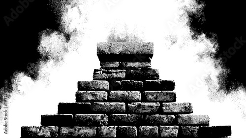 A grayscale depiction of a brick structure, seemingly rising from the darkness