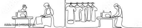 One continuous line drawing of clothing factory working activity with white background. clothing factory working activity design in simple linear style. one line Icon drawing