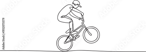 One continuous line drawing of Cycling freestyle BMX vector illustration. Cycling freestyle BMX design in simple linear continuous style vector concept. one line Icon drawing
