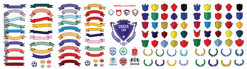 Football and Soccer Logo Set with Shields Ribbons and Laurel Wreaths for Sports Club Branding and Tournament Identity Isolated Vector Illustration