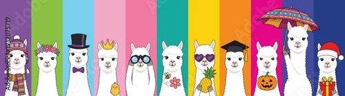 Cute Alpaca Character Set with Various Costumes and Accessories for Holiday Celebrations and Seasonal Events Isolated Vector Illustration