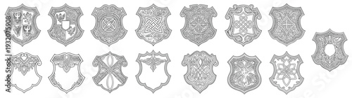 Shield and Heraldry Border Set with Traditional Celtic Knotwork and Intricate Floral Filigree for Royal Family Crest Decoration Isolated Vector Illustration