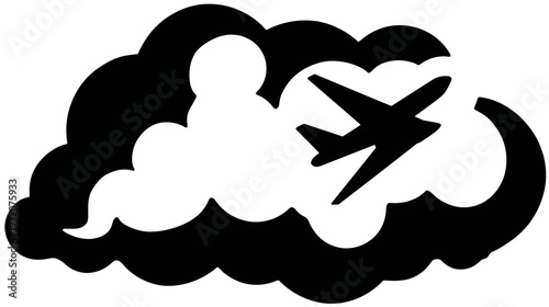 Silhouette image of a passenger aircraft within a stylized cloud formation