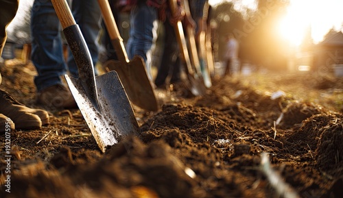 Groundbreaking Ceremony with Shovels Digging into Earth at Sunrise.