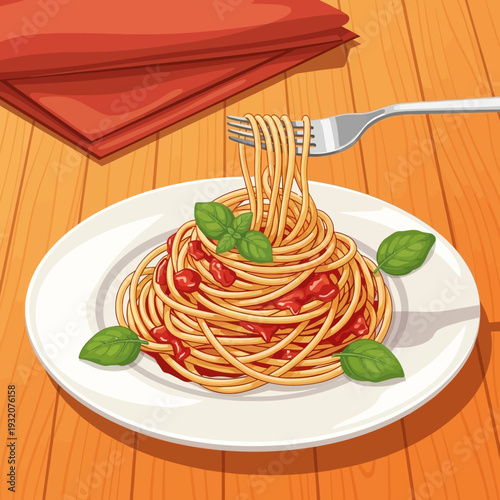 Delicious Spaghetti with Tomato Sauce and Fresh Basil Leaves.