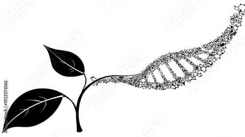 Black and white illustration of leaves transitioning into a DNA double helix
