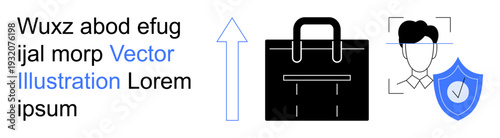 Business growth, security measures, career development, professional identity, data protection, identity verification. Briefcase, shield icon and face recognition element. Business growth