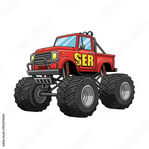 Red Monster Truck with Large Wheels and SER Text.