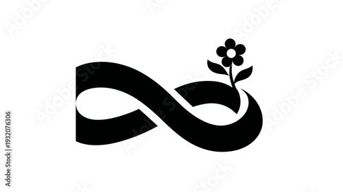 A black and white graphic showing a flower sprouting from an infinity symbol