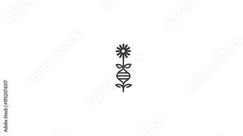 A black and white stylized illustration depicts a flower with a DNA strand stem