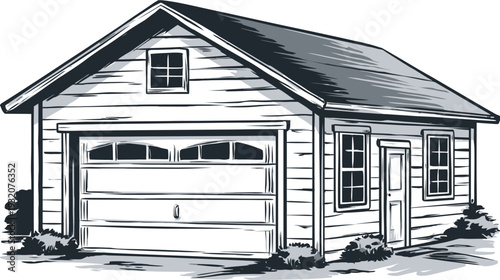 A grayscale illustration of a small building featuring a garage door and entry door