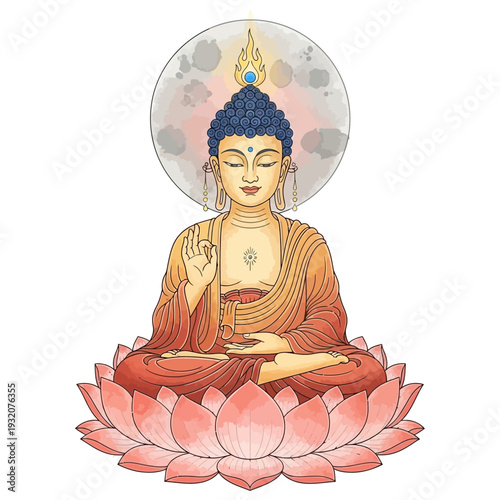 Serene Buddha in Meditation on Lotus Flower with Halo.