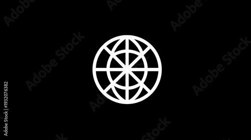 A white graphic of a sphere with intersecting lines on a black backdrop