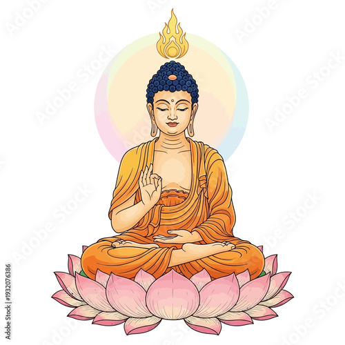 Serene Buddha Meditating on Lotus Flower with Golden Aura.