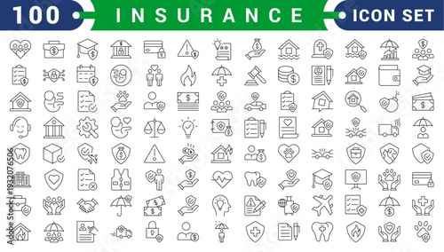 Insurance Icon Set. Features editable icons for insurance symbols, health insurance, safety, risk management, etc. Perfect for insurance companies, financial advisors, and insurance brokers.