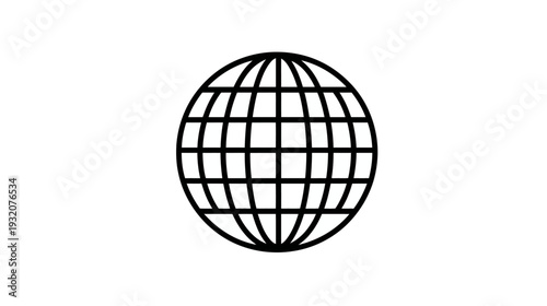 A black and white graphic depicting a globe with meridians and parallels, centered on a white background