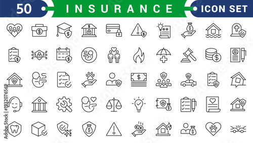 Insurance Icon Set. Features editable icons for insurance symbols, health insurance, safety, risk management, etc. Perfect for insurance companies, financial advisors, and insurance brokers.