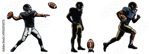 Dynamic American Football Player Illustrations Set Featuring Quarterback Passing Kicker Punting and Running Back Action Poses for Sports Branding Isolated on White