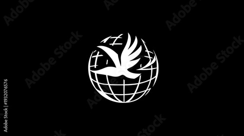 A white bird flies above a globe outline against a solid black background