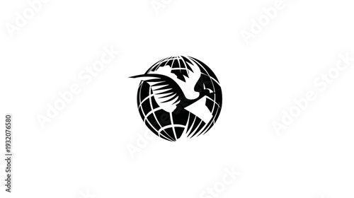 A black and white logo featuring a bird, wings outstretched, holding an object, inside a globe