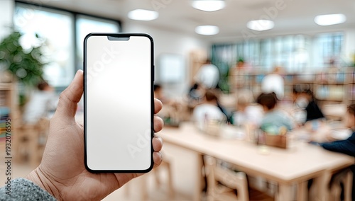 Hand Holding Smartphone with Blank Screen in Blurred Classroom Setting.