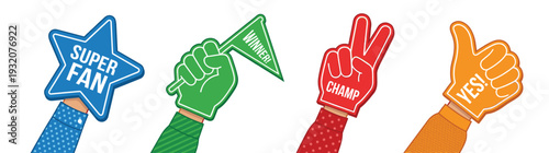 Collection of Colorful Foam Fingers and Hands for Sports Fans with Super Fan Winner Champ and Yes Text for Athletic Support and Celebration Isolated on White